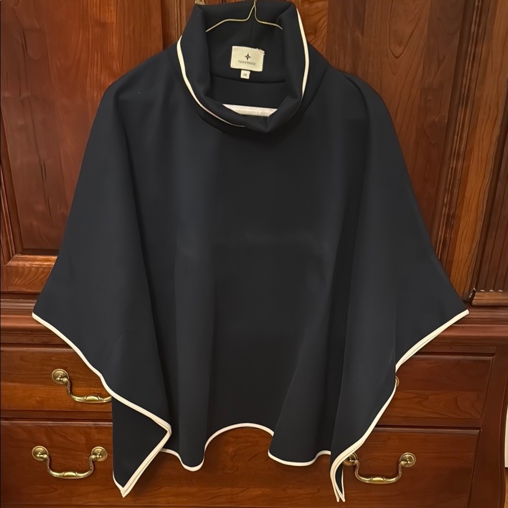 Navy & White Leather-Trimmed Tuckernut Poncho
